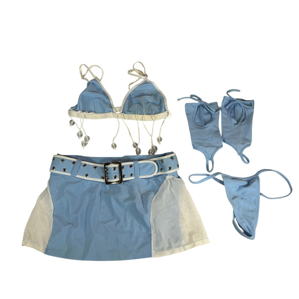 Latin Angel VTG Baby Blue 4pc Bikini Set Beaded Top Belted Skirt Sleeves M NWT